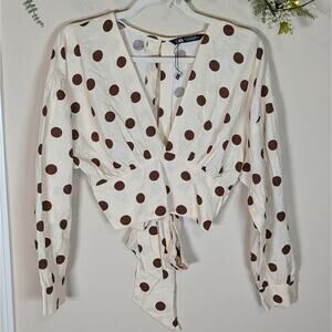 Zara Linen Cream Brown Polka Dot Tie Cropped Blouse